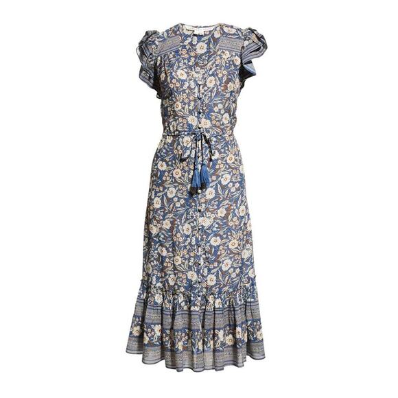 Veronica Beard Tinzia Floral Button Front Midi Dress Steel Blue Size S - Picture 2 of 10